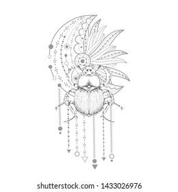 Vector illustration with hand drawn scarab and Sacred symbol on white background. Abstract mystic sign.