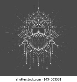 Vector illustration with hand drawn Scarab and Sacred geometric symbol on black background. Abstract mystic sign. White linear shape. For you design, tattoo or magic craft.