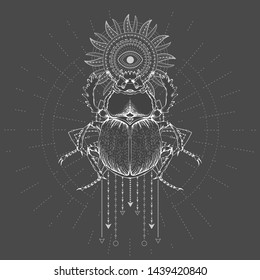 Vector illustration with hand drawn Scarab and Sacred geometric symbol on black background. Abstract mystic sign. 