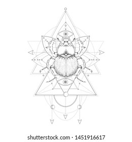 Vector illustration with hand drawn scarab and Sacred symbol on white background. Abstract mystic sign. Black linear shape. For you design, tattoo or magic craft.