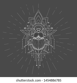 Vector illustration with hand drawn Scarab and Sacred geometric symbol on black background. Abstract mystic sign. White linear shape. For you design, tattoo or magic craft.