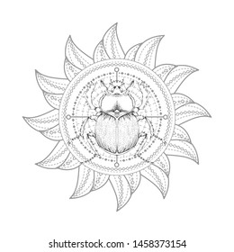 Vector illustration with hand drawn scarab and Sacred symbol on white background. Abstract mystic sign. Black linear shape. For you design, tattoo or magic craft.