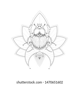 Vector illustration with hand drawn scarab and Sacred symbol on white background. Abstract mystic sign. Black linear shape. For you design, tattoo or magic craft.