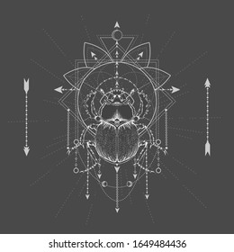 Vector illustration with hand drawn Scarab and Sacred geometric symbol on black background. Abstract mystic sign. White linear shape. For you design, tattoo or magic craft.
