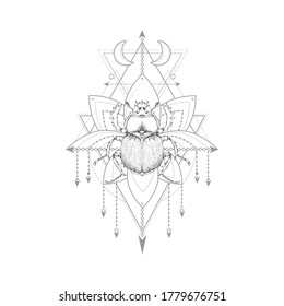 Vector illustration with hand drawn scarab and Sacred symbol on white background. Abstract mystic sign. Black linear shape. 