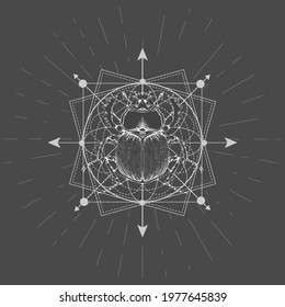 Vector illustration with hand drawn Scarab and Sacred geometric symbol on black background. Abstract mystic sign. White linear shape. For you design, tattoo or magic craft.