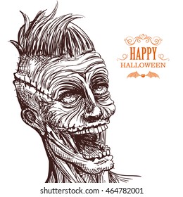 Vector Illustration of a Hand Drawn Scary Zombie Character. Happy Halloween Card. 