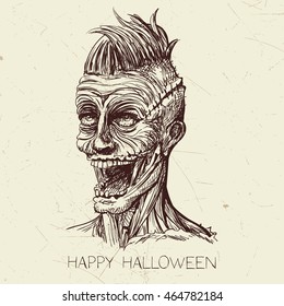 Vector Illustration of a Hand Drawn Scary Zombie Character. Happy Halloween Card. 