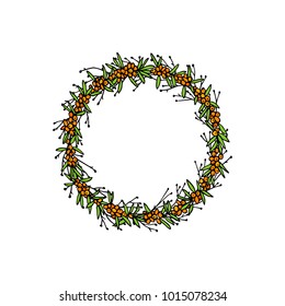 Vector illustration of hand drawn sea buckthorn wreath. Beautiful floral design elements, perfect for wedding announcements and invitations