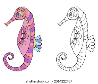 Vector Illustration of hand drawn sea horse. Beautiful drawings with patterns and small details.