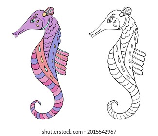 Vector Illustration of hand drawn sea horse. Beautiful drawings with patterns and small details.