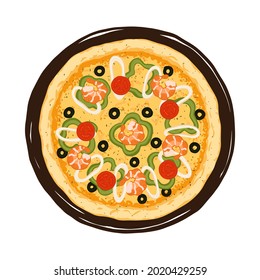 Vector illustration of hand drawn Seafood pizza. Tasty Italian pizza topped with mozzarella cheese, prawns, calamari, cherry tomatoes, black olives, green bell pepper.