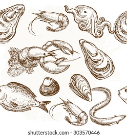 The vector illustration "hand drawn seafood seamless pattern" for design