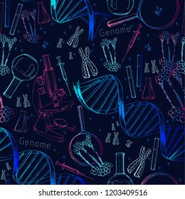 Vector illustration of Hand drawn seamless pattern of structure of DNA. genome sequence. Health and biochemistry laboratory of nanotechnology. Molecule helix of dna. Doodle elements