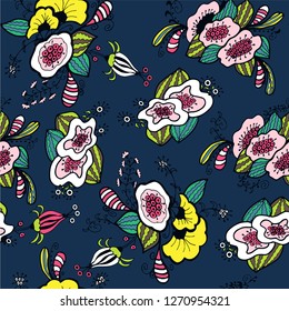 Vector illustration of hand drawn seamless abstract pattern with fictional fairy tale alien flowers ith eyes and eyelashes, endless texture for paper, fabric, fashion design, greetings cards