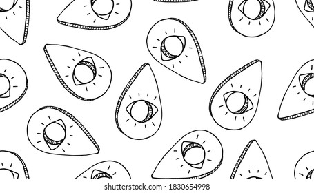 Vector illustration. Hand drawn seamless pattern with Ouija board pointers with an image of an eye isolated on white. Occult symbol. Simple doodle clipart in minimalism style. Banner, cards, fabric.