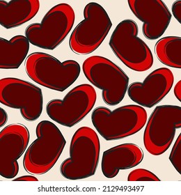 Vector illustration. Hand drawn seamless pattern of hearts. Background in doodle style, ink. Valentine's Day, Mother's Day, greeting card, wallpaper or gift wrapping design.
