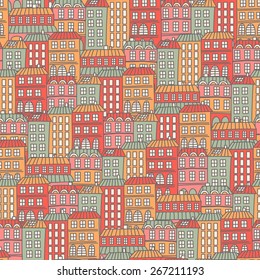 Vector illustration Hand drawn seamless pattern with cute town.