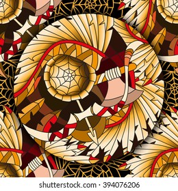 Vector illustration. Hand drawn seamless pattern with elements of doodles on a theme of Native American culture. Feathers, bows, arrows and Dreamcatcher in a circular ornament.