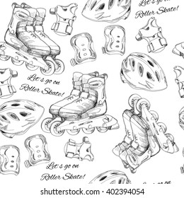 Vector illustration of hand drawn seamless pattern Roller Skates, roller blades with protection and text. Wrapping paper, wallpaper and printable