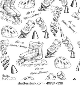 Vector illustration of hand drawn seamless pattern Slalom Roller Skates, roller blades for wrapping paper, wallpaper, printable