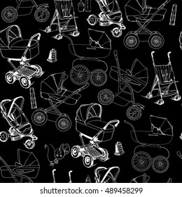 Vector illustration of hand drawn seamless pattern of baby prams, carriages and strollers. Baby walker. Template for wrapping paper, wallpaper, newspaper and printable.