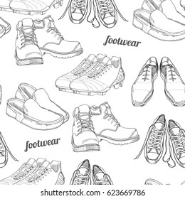 Vector illustration of hand drawn seamless pattern Men Footwear. Casual and sport style, gumshoes for man shoes. Retro and vintage paper. Doodle, drawing wallpaper, wrapping paper, backdrop.