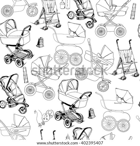 Vector illustration of hand drawn seamless pattern of baby prams, carriages and strollers. Template for wrapping paper, wallpaper, newspaper and printable.