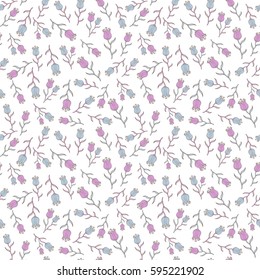 Vector illustration. Hand drawn, separated editable elements. Imitation embroidery. Vintage seamless pattern a lot of flowers on white background in brown and pink colors.