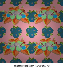 Vector illustration. Hand drawn, separated editable elements. Imitation embroidery. Vintage seamless pattern a lot of flowers in orange and blue colors.