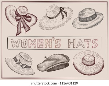 Vector illustration of hand drawn set of sketch women's hats. Vintage and retro style. Female Fashion. Shopping, shop, store.