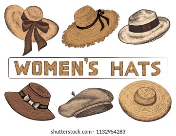 Vector illustration of hand drawn set of sketch colorful women's hats. Vintage and retro style. Female Fashion. Shopping, shop, store.