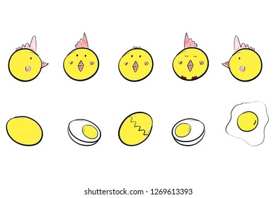 Vector illustration, hand drawn set with chicken and eggs. Easter concept. Cute little chicken face and eggs. 