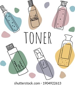 Ilustración vectorial conjunto dibujado a mano de agua toner de cuidado de la piel. Producto de cuidado de la piel de Corea. Vector colorido del tónico. rutina diaria de cuidado de la piel de belleza. 