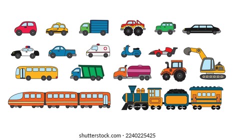 Vector illustration hand drawn set of transportation vehicle car and trains icons