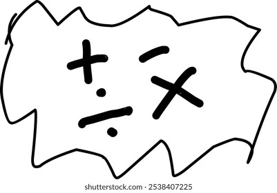 Ilustração vetorial do conjunto desenhado à mão de símbolos matemáticos. Cálculos e operações matemáticas. Operações básicas com números. Ícones circulares de adição, subtração, multiplicação e outros