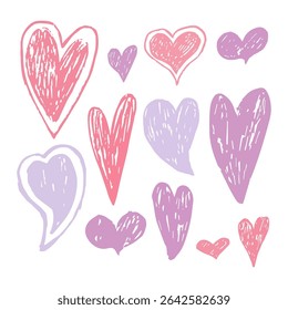 Vector illustration of a hand drawn set of pink and purple hearts in pencil sketch style. Isolated on a white background. Soft, romantic, and playful elements for love themed designs