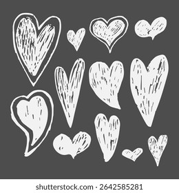 Vector illustration of a hand drawn set of white hearts in pencil sketch style, isolated on a black background. Simple and expressive romantic elements for love themed or decorative designs