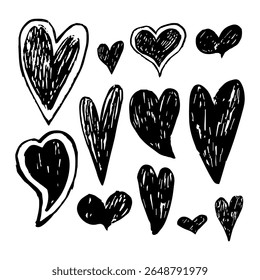 Vector illustration of a hand drawn set of black hearts in pencil sketch style, isolated on a white background. Simple and expressive romantic elements for love themed or decorative designs