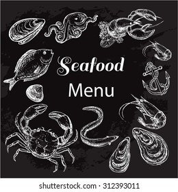 The vector illustration "hand drawn set seafood collection on the blackboard" for design