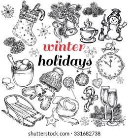 The vector illustration "hand drawn set winter holidays collection" for design