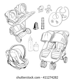 Vector illustration of hand drawn set for twins. Graphic sketch strollers, car seats, bottles,  bibs and nipples.