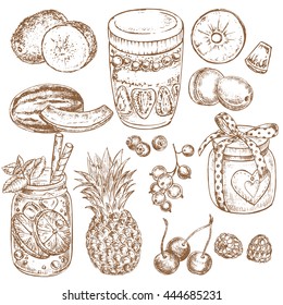 The vector illustration "hand drawn set jars and fruits" for design