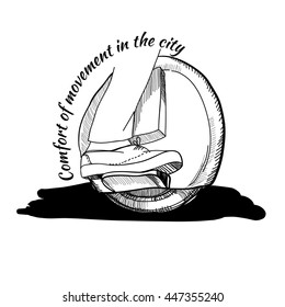 Vector illustration of Hand Drawn Set of  isolate Balancing one wheel electric unicycle scooter with food, monocycle. Logo, emblem, lettering design. Typography element