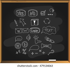  Vector illustration. Hand drawn. Set icons buttons on blackboard background.