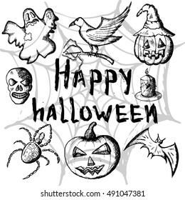 Vector illustration, hand drawn set of halloween attributes, black sketch and lettering happy halloween