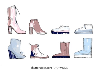 Vector illustration of Hand drawn set with winter women shoes. Graphic top view footwear for female and lady. Fashion design for legs.Isolated objects.