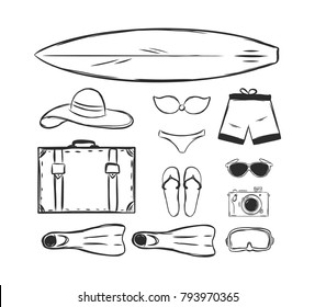 Vector illustration: Hand drawn set of Summer vacation elements. Sketch design