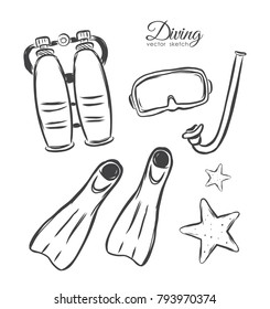 Vector illustration: Hand drawn set of Diving elements. Sketch design