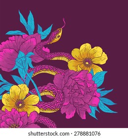 Vector illustration. Hand drawn shake with flowers.